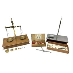 Three pairs of scales to include cased copper and brass pair by H. G. Planner, Avery Type 0205 travelling set, and another travelling brass pair with weights on oak base (3)