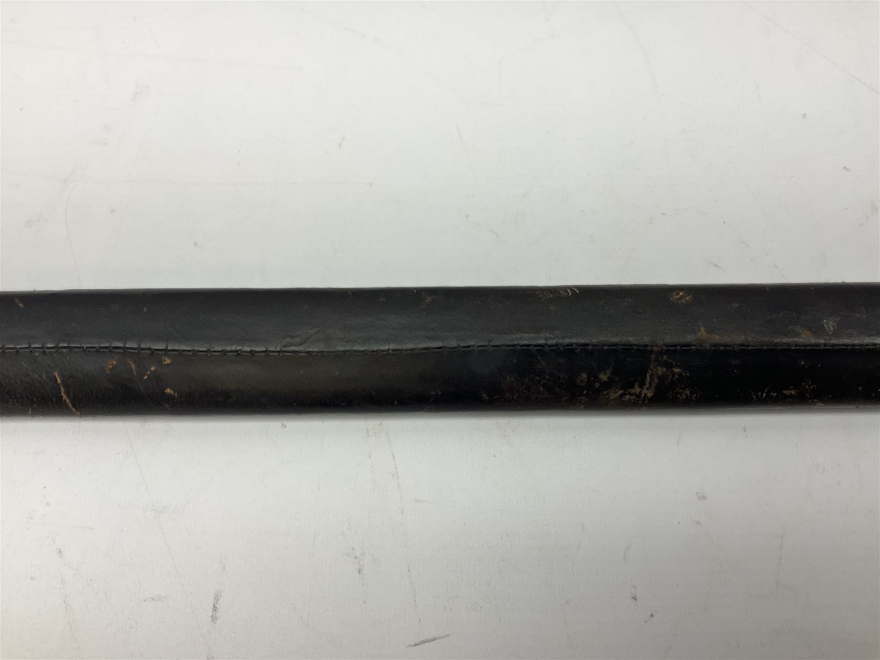 Reproduction Scottish basket hilted broadsword with 85cm double edged steel blade and red lined basket hilt with wire bound grip, in white metal mounted leather scabbard 107cm overall