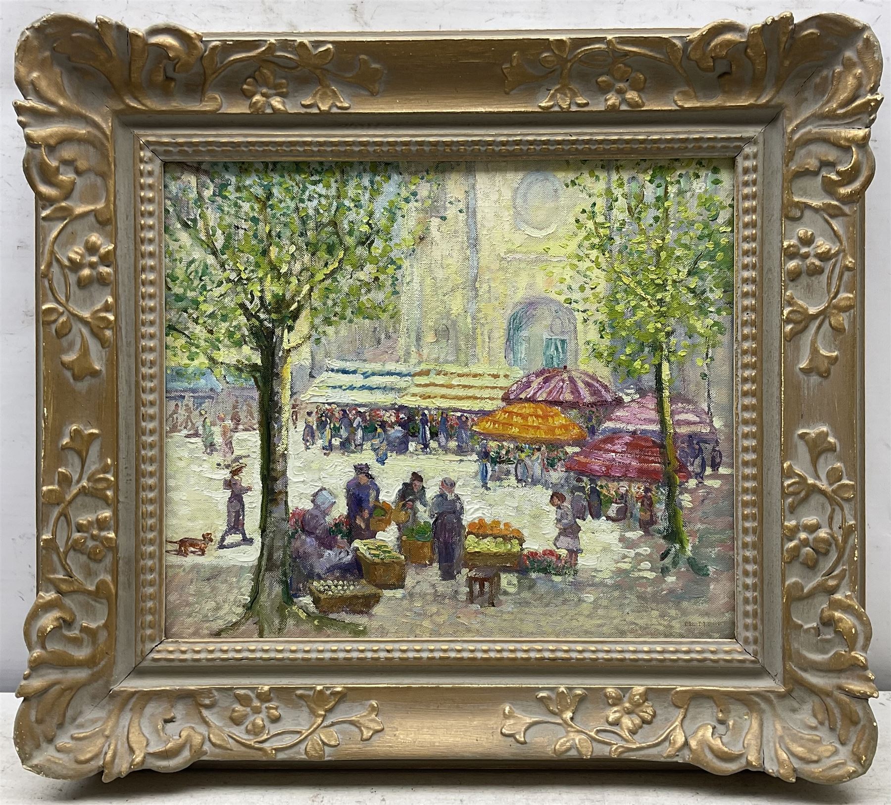 Marjorie Moore (British exh.1922-1937): A French Market, oil on canvas signed 26cm x 31cm