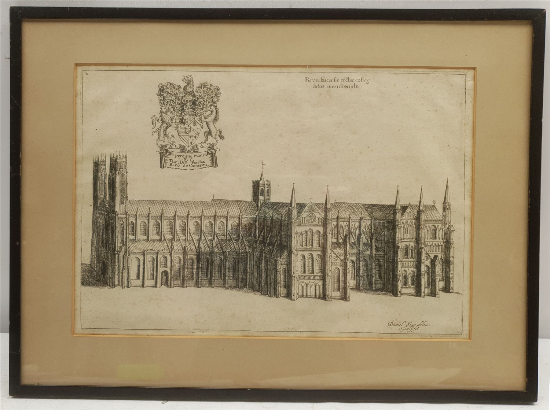 Daniel King (British c.1616-1661): Beverley Minster, 17th/18th century engraving 21cm x 31cm; Tom Harland (British 1945-2012): 'Winter Sunrise North Ferriby' and 'April Showers St Mary's Beverley', two colour prints signed in pencil, max 38cm x 45cm (3)
