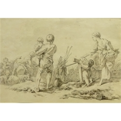  Attrib. Francois Boucher (French 1703-1770): 'La Caravane', black chalk and grey wash on paper with 18th cent. watermark 'HR', 21cm x 30cm Provenance: private collection purchased Christies 28th March 1969 Gallerie Georges Petit Paris 13th May 1929 - collection of Marius Paulme (L.1910) Lot 34 late 18th/early19th cent. mounter's dry stamp of Francois Renaud (L.1042) Engraved: in reverse by Huquier, pub. Buldet  