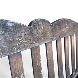 Teak garden bench, wavy shaped rail and slatted seat, with matching coffee table (2)