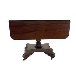 19th century mahogany drop leaf Pembroke table, fitted with single drawer to end, turned column on shaped platform, scroll carved feet with castors