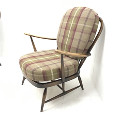 Ercol beech framed Windsor armchair, upholstered back and seat, turned supports, W72cm