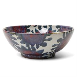 Sophie Hamilton (1963-): Sunflower bowl, decorated with blue and red sunflowers on a pale ground, unmarked, D34cm