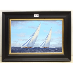  James Miller (British 1962-): 'Velsheda & Astra'- J Class Yachts, oil on canvas signed and dated '11, titled verso 27cm x 42cm  