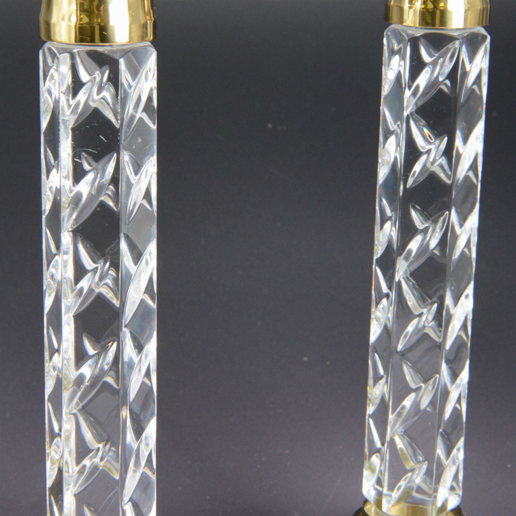 Pair of Waterford Cambridge cut glass and gilt metal candlesticks, H28cm