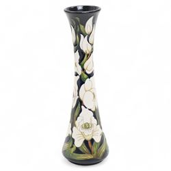 Moorcroft Buckingham Orchid pattern vase, of elongated waisted form, signed by Rachel Bishop, painted marks to base, H31cm 