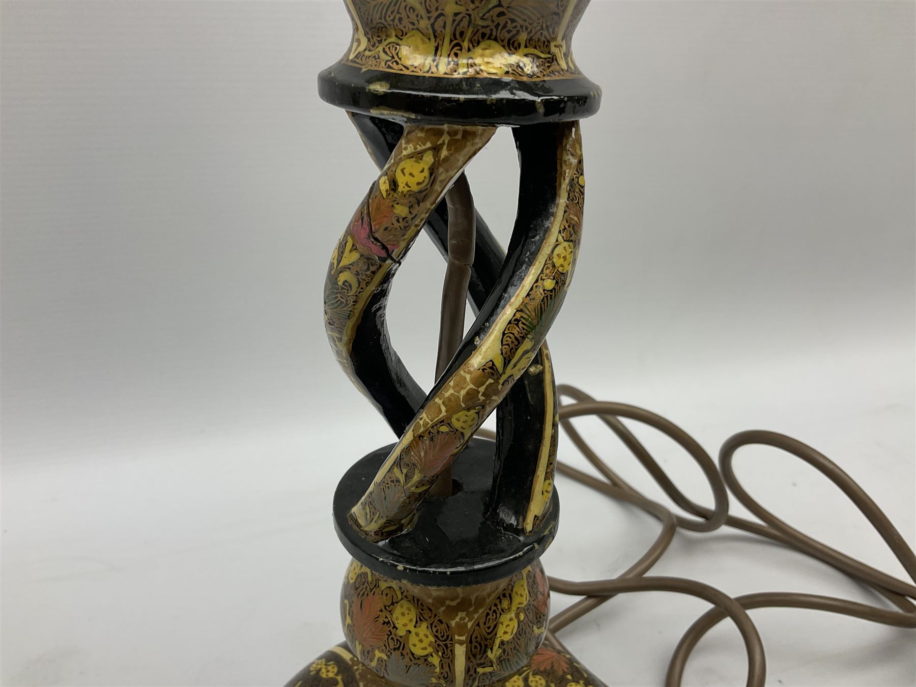  Kashmiri papier mache table lamp, open spiral twist column decorated with flowers, on a turned base,  H43cm