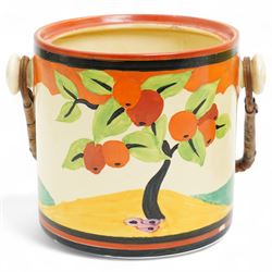 Clarice Cliff Bizarre 'Gayday' pattern bowl, D18cm; and rare 'Applique' pattern biscuit barrel, c1930, decorated with an orange tree and a caravan beside a river, H13cm, each with printed marks to base (2)