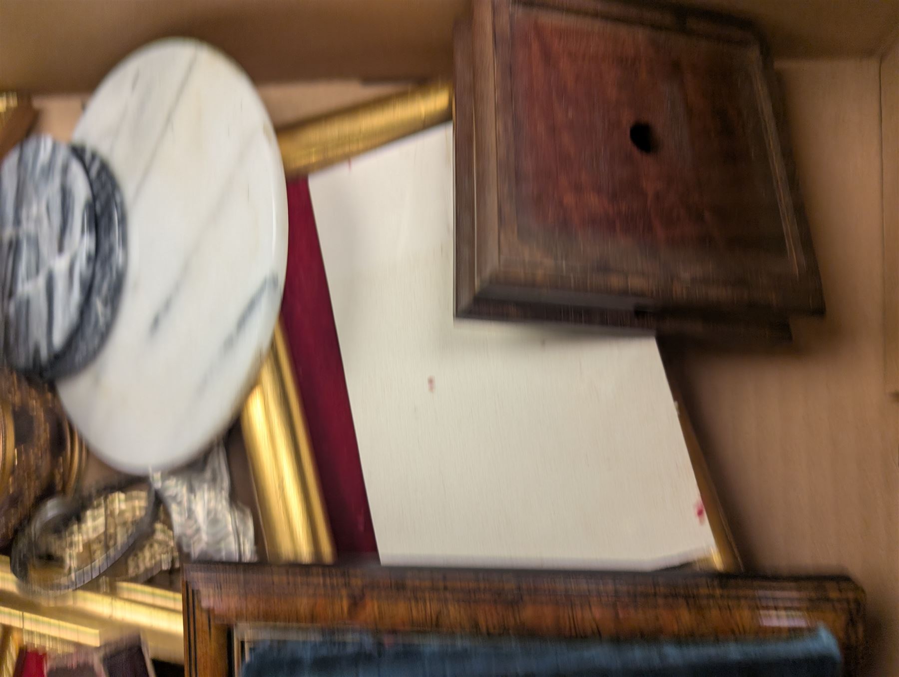Brass easels, onyx box, frames, costume jewellery, pen nibs, etc, in two boxes