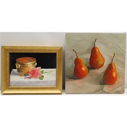 David Edwards (British Contemporary): Still Life, oil on board, artist's address label verso 13cm x 18cm together with another similar 24cm x 24cm (2)