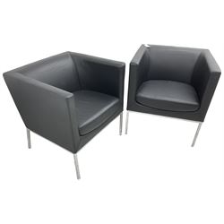 Orangebox - pair of contemporary 'Drift' tub armchairs, upholstered in blakc faux leather, on chrome supports