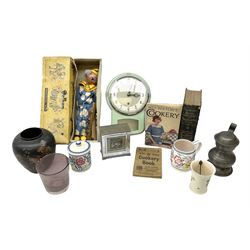 Pelham Puppet, in original box, two clocks, pewter tankard, three pieces of Poole Pottery, glass beaker, lacquered vase etc