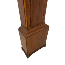 Thomas Greaves of Newcastle - late 18th century 8-day mahogany longcase clock c1790, with a flat topped hood and break arch hood door flanked by pilasters with Corinthian capitals, trunk with canted corners and ogee spire topped trunk door, rectangular plinth on a decorative stepped base,  early painted dial with raised gesso spandrels and a painted oval landscape to the arch, with matching steel hands, Roman numerals, five minute Arabic's and minute markers, subsidiary seconds dial and calendar aperture,  dial pinned via a cast falseplate to a rack striking movement with a recoil anchor escapement, striking the hours on a bell. With pendulum and weights.