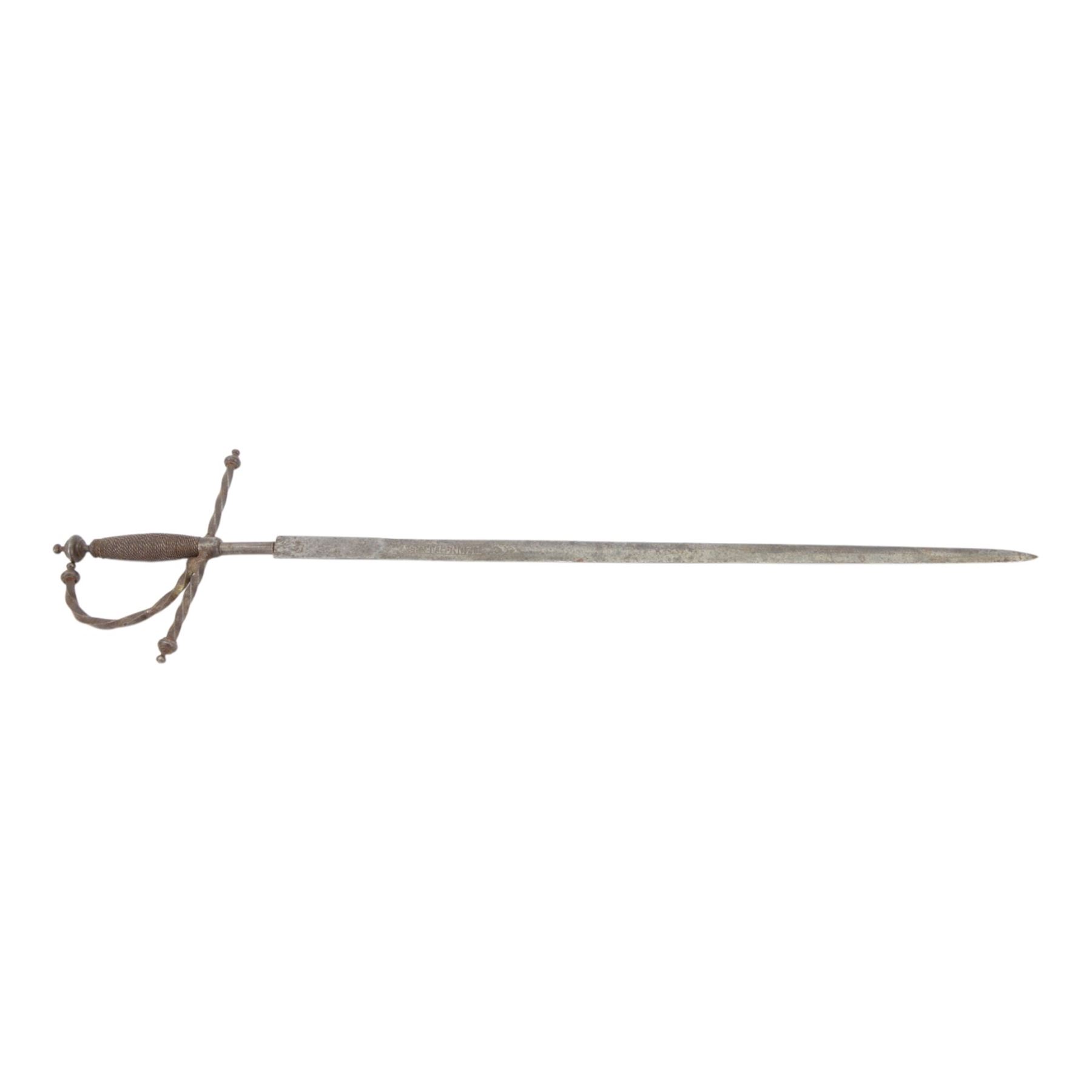 Four court swords, together with fencing foil and dagger in leather and brass scabbard 