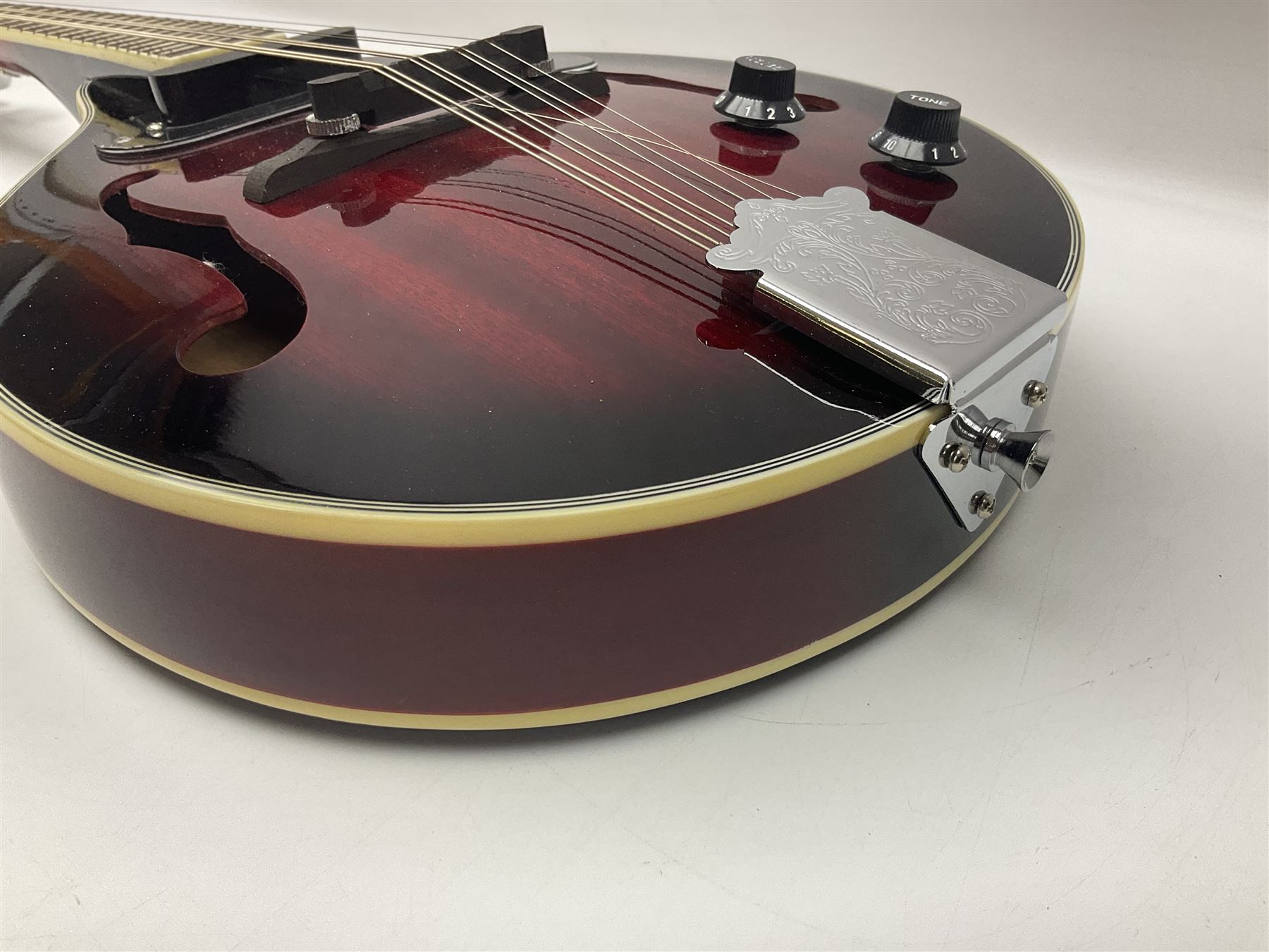 Stagg Model M50 E eight-string electro-acoustic mandolin; bears makers label L69cm; in cardboard delivery box with lead