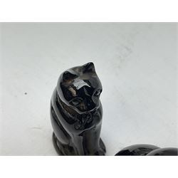 Silver horse Whitby jet ornament, stamped 925 and a collection of jet ornaments including three cats, nude on a rock, Munch scream and an elephant, max length 8.5cm 
