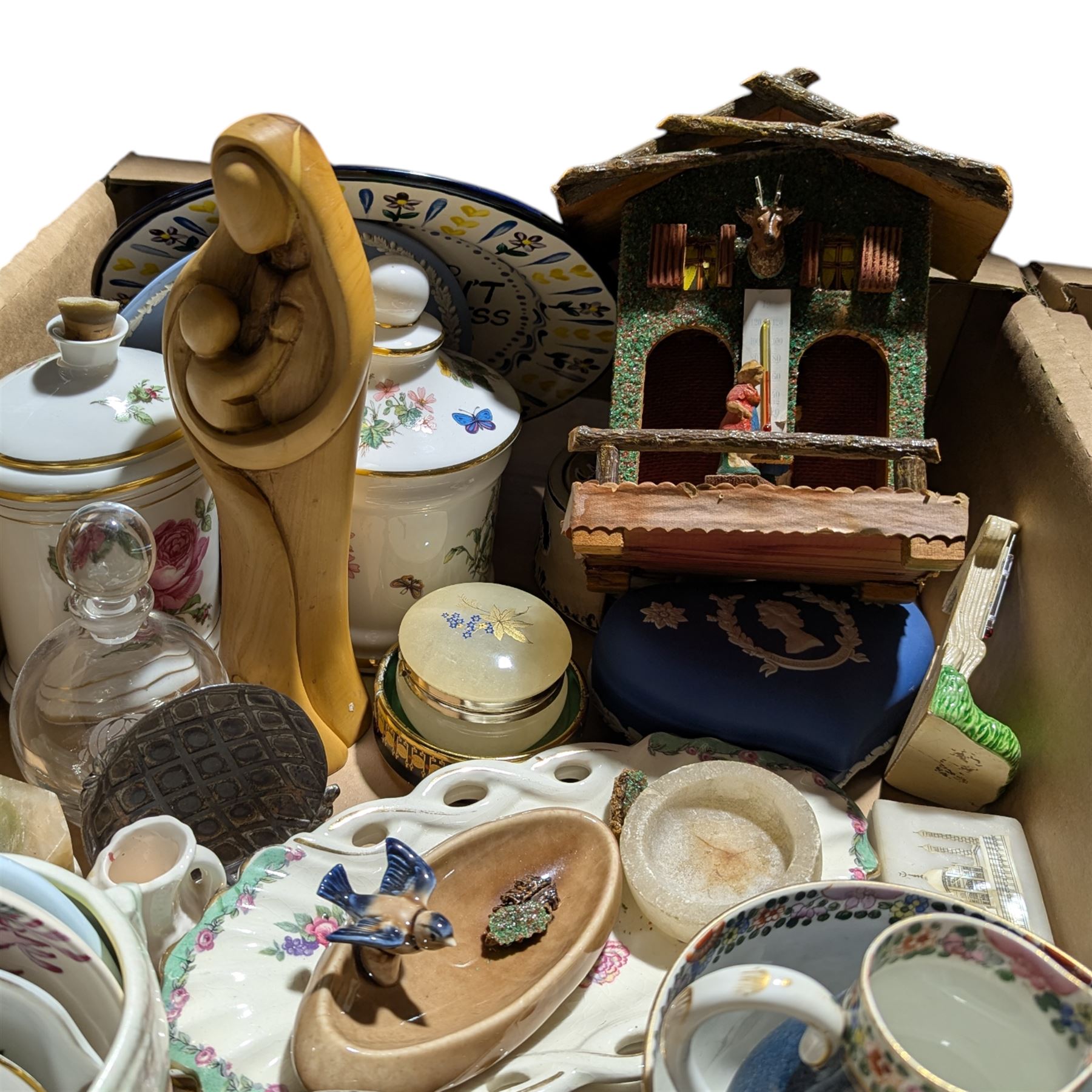 Wedgwood jasperware, Chinese carved soap stone bookends, two Chinese ginger jars, Beswick etc in two boxes
Provenance: from the Kirkham Hall estate 