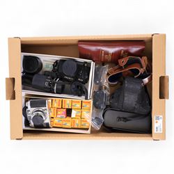 Contax RTS camera body, Baldina camera, Tamron lenses, Kodak film, etc