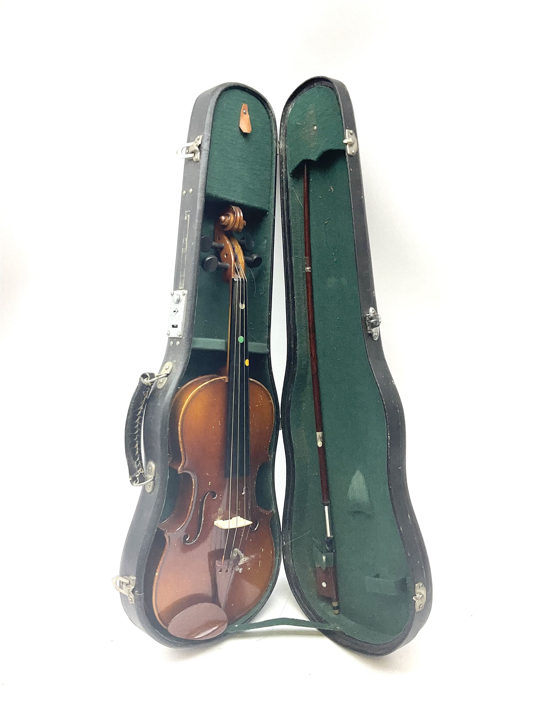 Skylark childs violin and bow, case, together with two other bows, an acoustic guitar and German Auto-Harps zither with floral decoration.   