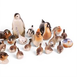 Collection of USSR Lomonosov bird figures, including penguin, quail, duck, wren etc  