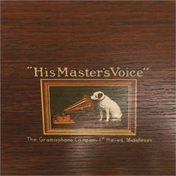 HMV wind up gramophone in oak case and a tool box and contents