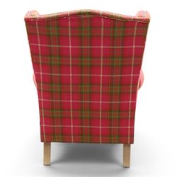 Next Home - Contemporary tartan wingback, studded wings above scrolled arms, light stained turned feet