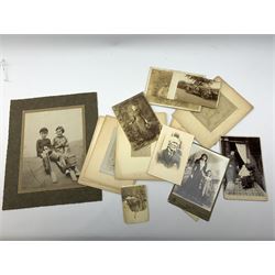 Early 20th century Japanese postcard album, the lacquered wooden covers with shibayama panel to the front, partially stocked with fifty Japanese postcards; Victorian album containing fifty-six laid-in photographs of British & Continental topographical scenes; mid-20th century album of Norwegian photographs; and quantity of Victorian cabinet photographs etc