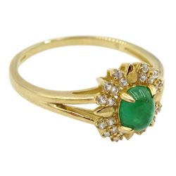 9ct gold cabochon emerald and white zircon cluster ring, hallmarked 