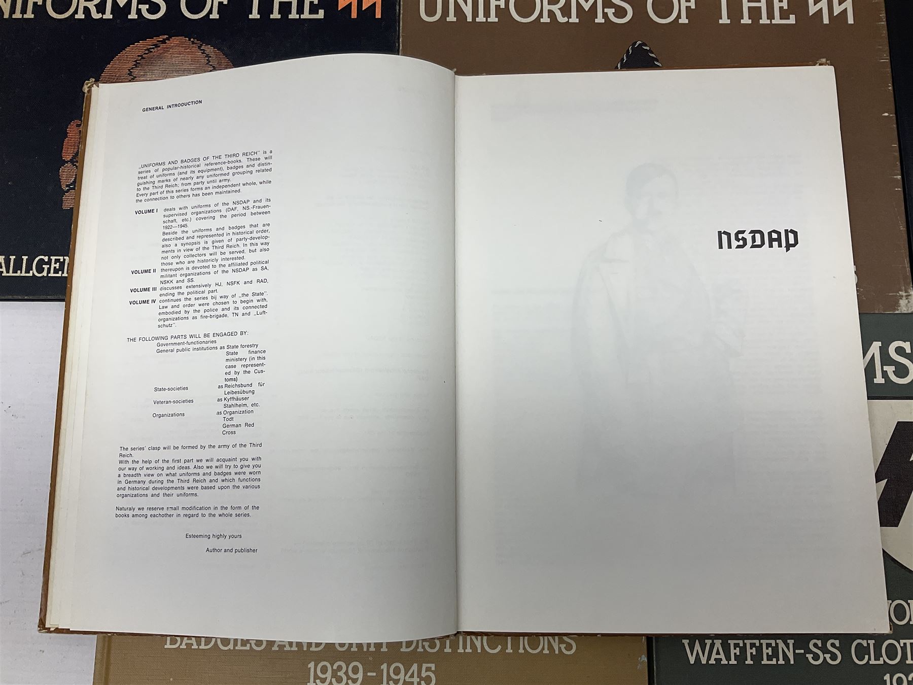 Military Collectors Service: set of three books on WWII German uniforms and badges; and Mollo Andrew: Uniforms of the SS. Volumes 1,4,5,6 & 7 (8)