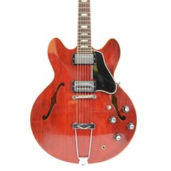 1967 Gibson ES-335 TDC electric guitar, in cherry red finish, made in USA, semi-hollow body, mother of pearl fret markers, original pick guard, original tuning pegs, contained within period hard case made in Philadelphia USA with orange velvet lining, guitar length L104cm