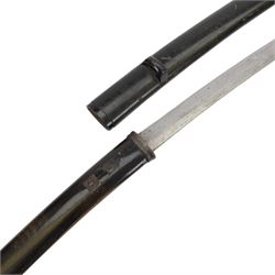 Replica Japanese katana with 63cm curved single edged blade in scabbard, overall L93cm, together with dagger with brass handle in a leather scabbard 