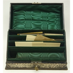  Victorian silver desk set comprising stationery cabinet, desk blotter and ink well, repousse scroll and floral decorated  with engraved presentation inscription, the leather covered cabinet and blotter with green silk interiors  by William Comyns & Sons, London 1898   