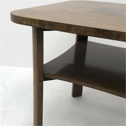 *Art Deco period walnut centre table, square top with rounded corners and segmented block veneers, curved supports joined by undertier, 65cm x 65cm, H62cm