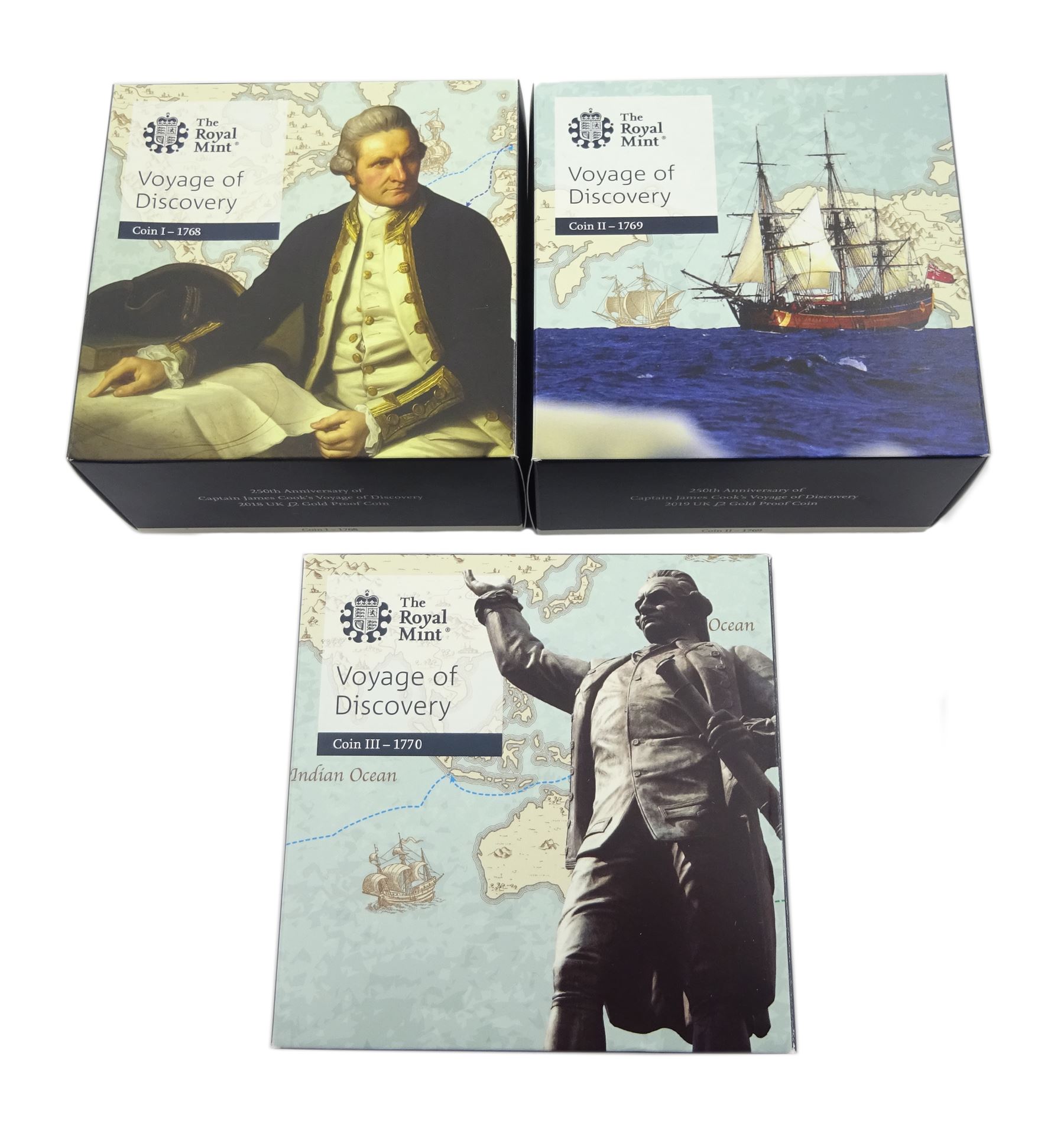Captain Cook gold proof three coin series, comprising 2018, 2019 and 2020 dated gold proof two pound coins, all three housed together in a Royal Mint presentation box, the individual boxes and certificates are also present