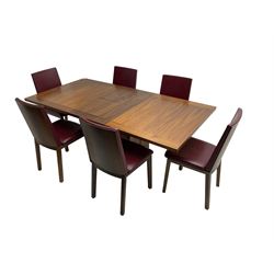 Skovby - Danish mid-20th century design teak extending dining table, rectangular top on pedestal base (W146cm D99cm H92cm); Skovby - set six Danish stained beech dining chairs, back and seat upholstered in oxblood faux leather (W47cm H90cm)