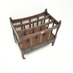 20th century mahogany Canterbury magazine rack, single drawer, turned supports, W56cm, H53cm, D35cm