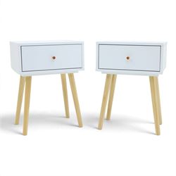Contemporary pair of white single drawer bedsides, raised on tapering light wood supports