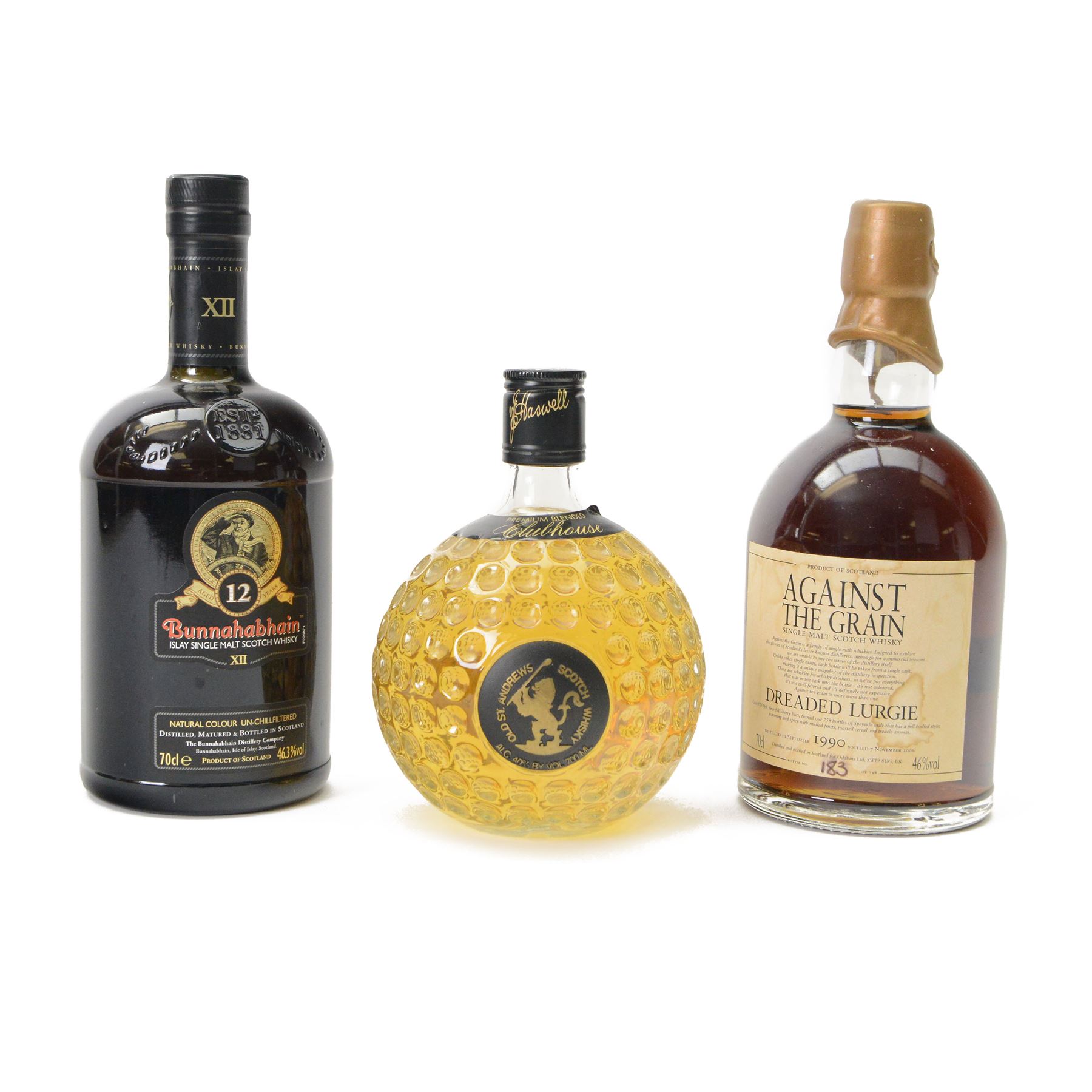Against the Grain Deaded Lurgie single malt Scotch whisky, together with Bunnahabhain 12 year old, Islay single malt Scotch whisky and Old St Andrews blended Scotch whisky, verious contents and proof 