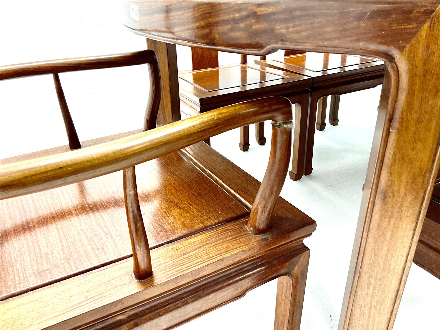 Hong Kong rosewood circular extending dining table with two leaves (W211cm, H79cm, D112cm) and set eight (6+2) dining chairs (W58cm)