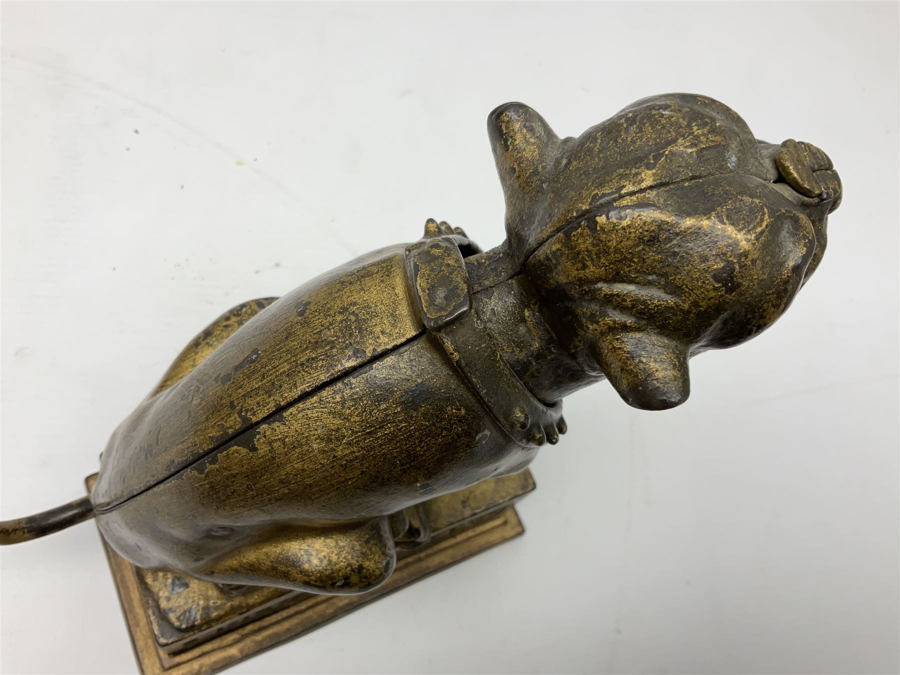 Late 19th century cast-iron mechanical money bank 'Bulldog Bank' by J & E Stevens with coin-on-nose action; patented 27th April 1880 H19.5cm