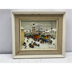 Paul Lemasson (French 1897-1971): The Arrival of the Travelling Zoo, oil on board signed 21cm x 26cm