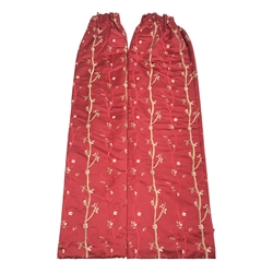 Set of four silk curtains in Porter & Stone 'Nakita Red' fabric, red ground with raised leaf and branch needle work decoration, lined with thermal inner lining, triple pinch pleated headings, drop - 263cm, widths (top measurements) 390cm, 192cm, 124cm and 124cm