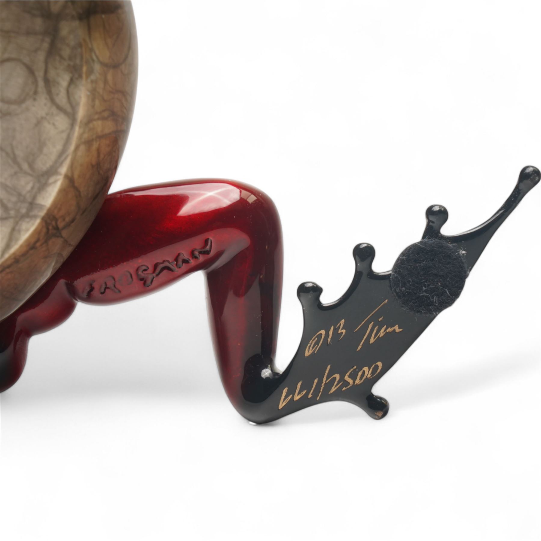 Tim Cotterill aka Frogman (British 1950-): 'Rockefeller', limited edition red patina coated solid bronze sculpture depicting a frog resting on a rock, impressed 'Frogman', signed and dated 2013, and numbered edition 661/2500 to base, W10cm 