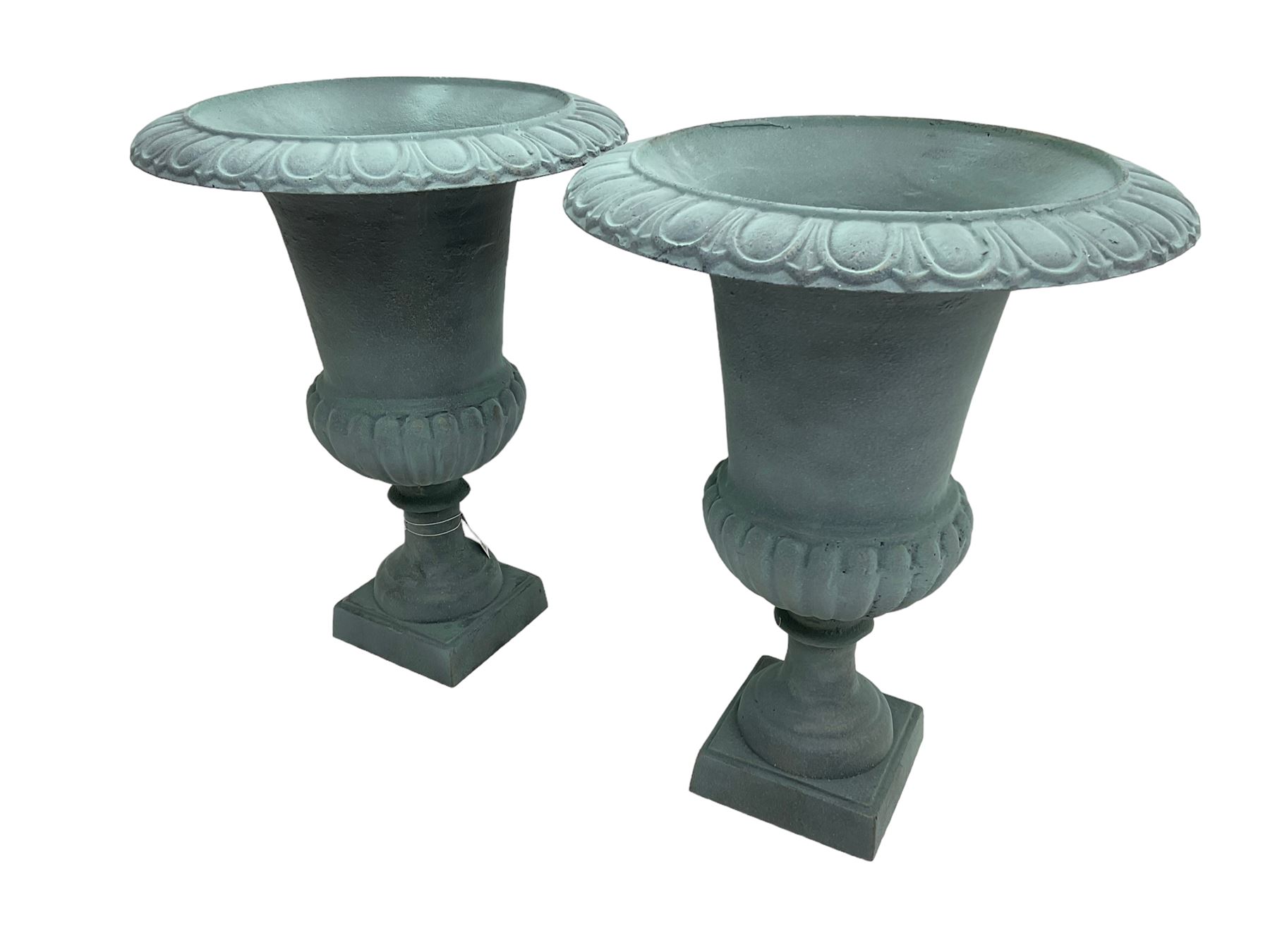 Pair of Victorian design teal painted cast iron campana shaped garden urns, egg and dart rim over a gadrooned underbelly, tapering column on square plinth base - THIS LOT IS TO BE COLLECTED BY APPOINTMENT FROM DUGGLEBY STORAGE, GREAT HILL, EASTFIELD, SCARBOROUGH, YO11 3TX