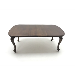  Early 20th century mahogany telescopic dining table,  two leaves, cabriole legs on pad feet, W181cm, H72cm, D104cm (max measurements)  