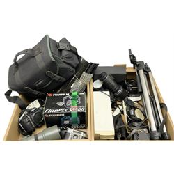 Cameras and related equipment including Fujifilm FinePix S5500, Minolta and other lenses, various camera bodies, soft case camera bag etc and a pair of Aico 10X50 binoculars, in two boxes (all untested)