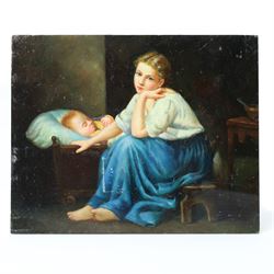 After Léon-François Comerre (French 1850-1916): Reclining Woman upon a Lion Skin; after Madame la Marquise de Salvo (Italian 19th century): Young Mother with Child, two oils on panel signed V Conti 20cm x 25cm (2) (unframed)