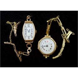 Two 9ct gold manual wind wristwatches ladies wristwatches, on on gold bracelet stamped 9ct, the other on a gold-plated strap
